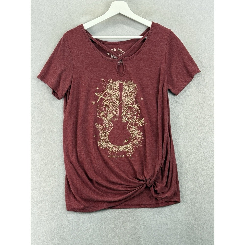 Hard Rock Cafe Hollywood FL Women's Size M Burgundy Gold Guitar Knot Tee